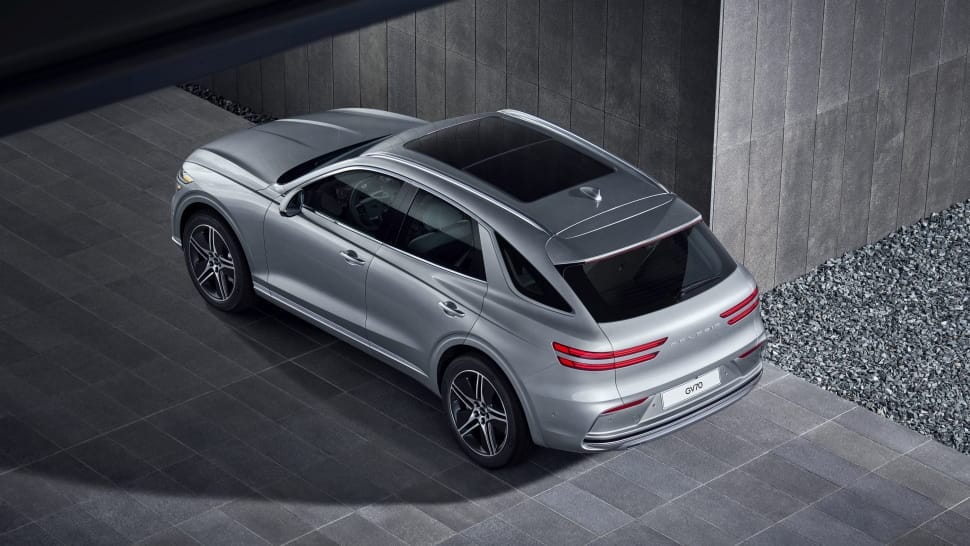 Aerial side exterior view of Genesis Electrified GV70.